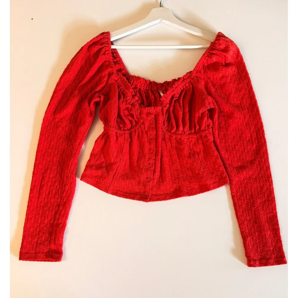 Free People Textured Button Front Top Womens XL Red Boho Ruffle Long Sleeve